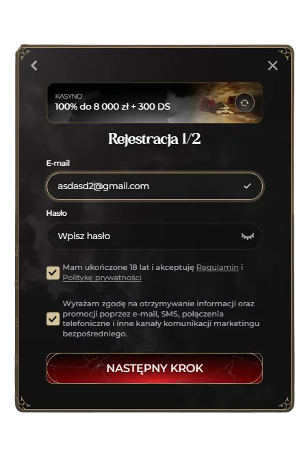 Rejestracja w Casina — krok 2